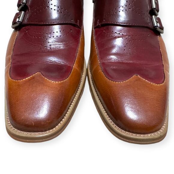 Steven Land Triple Monk Strap Cognac Oxblood Pointed Toe Wingtip Shoes Men's 8.5 - Picture 3 of 13